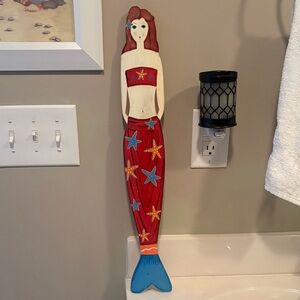Mermaid wood Wall Decor with Red and Blue Accents